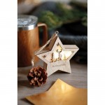 Estrella navideña de madera decorada con luz y cordón para colgar color madera vista bodegón principal