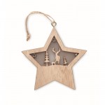 Estrella navideña de madera decorada con luz y cordón para colgar color madera cuarta vista