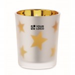 Vela luz LED en frasco de cristal con estrellitas navideñas color dorado vista de impresión