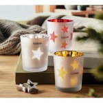Vela luz LED en frasco de cristal con estrellitas navideñas color rojo segunda vista bodegón 2