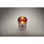 Vela luz LED en frasco de cristal con estrellitas navideñas color rojo vista fotografía cuarta vista