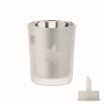 Vela luz LED en frasco de cristal con estrellitas navideñas color plateado mate