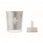 Vela luz LED en frasco de cristal con estrellitas navideñas color plateado mate cuarta vista
