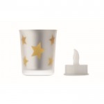 Vela luz LED en frasco de cristal con estrellitas navideñas color dorado cuarta vista