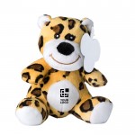 Leopardo pequeño de peluche con etiqueta y ojos bordados color multicolor vista de impresión