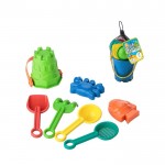 Cubo de playa para niños con palas, rastrillo, colador y moldes color multicolor vista de impresión