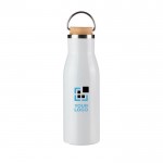 Botella de acero inoxidable reciclado con tapón de bambú y asa 500ml color blanco vista de impresión