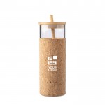 Vaso 450ml de vidrio con funda de corcho y tapa y pajita de bambú color marrón vista de impresión
