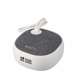 Altavoz inalámbrico con tela RPET en la parte superior y cordón 3W color blanco vista de impresión
