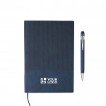 Libreta A5 con efecto pana en la parte superior y bolígrafo tinta azul color azul vista de impresión