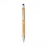 Bolígrafo de bambú y metal con puntero táctil de color tinta azul vista de impresión