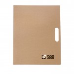 Carpeta de cartón con bloc de notas, bolígrafo y memos adhesivos color marrón vista de impresión