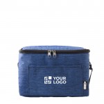 Bolsa nevera de poliéster para 6 latas con correa ajustable color azul vista de impresión