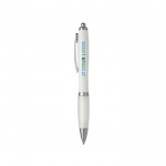 Bolígrafo de plástico reciclado con grip de goma tinta azul color blanco vista de impresión