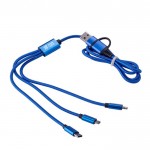 Cable de carga de nylon con colores y tres conexiones diferentes color azul ultramarino vista de impresión
