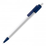 Bolígrafo blanco con detalles a color en la punta y clip hecho en EU color azul oscuro
