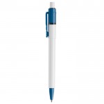 Bolígrafo blanco con detalles a color en la punta y clip hecho en EU color azul claro tercera vista