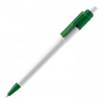 Bolígrafo blanco con detalles a color en la punta y clip hecho en EU color verde