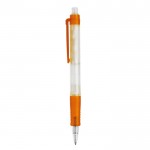 Bolígrafo transparente de material biodegradable con detalles a color color naranja tercera vista
