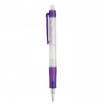 Bolígrafo transparente de material biodegradable con detalles a color color morado tercera vista