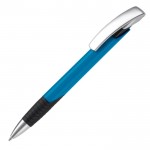 Bolígrafo con empuñadura texturizada y pulsador de metal color azul claro