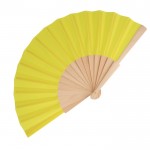 Abanico de RPET en colores con mango de madera personalizable color amarillo