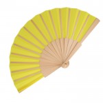 Abanico de RPET en colores con mango de madera personalizable color amarillo segunda vista