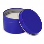 Vela de cera vegetal en tarro monocromático de acero reciclado circular color azul tercera vista