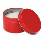 Vela de cera vegetal en tarro monocromático de acero reciclado circular color rojo tercera vista