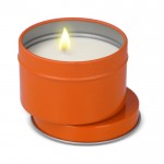 Vela de cera vegetal en tarro monocromático de acero reciclado circular color naranja segunda vista