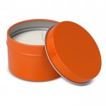 Vela de cera vegetal en tarro monocromático de acero reciclado circular color naranja tercera vista