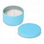 Vela de cera vegetal en tarro de acero reciclado circular color azul claro quinta vista