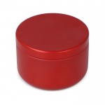 Vela de cera vegetal en tarro de acero reciclado circular color rojo