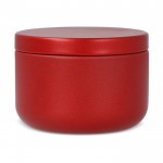 Vela de cera vegetal en tarro de acero reciclado circular color rojo cuarta vista