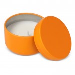 Vela de cera vegetal en tarro de acero reciclado circular color naranja tercera vista