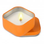 Vela de cera vegetal con aroma a vainilla en tarro de metal cuadrado color naranja segunda vista