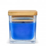 Vela de cera vegetal en tarro de cristal con tapa de bambú color azul cuarta vista