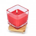 Vela de cera vegetal en tarro de cristal con tapa de bambú color rojo segunda vista