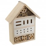 Casa de madera para insectos con múltiples entradas y salidas color madera