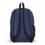 Mochila de RPET con compartimiento frontal y pequeño detalle reflectante color azul oscuro quinta vista