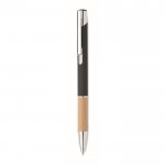 Bolígrafo con pulsador de aluminio con detalle de bambú y tinta azul color negro