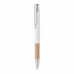 Bolígrafo con pulsador de aluminio con detalle de bambú y tinta azul color blanco