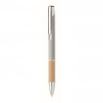 Bolígrafo con pulsador de aluminio con detalle de bambú y tinta azul color plateado mate