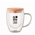 Taza de vidrio de borosilicato de doble pared con tapa de bambú 250ml vista de impresión