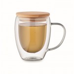 Taza de vidrio de borosilicato de doble pared con tapa de bambú 300ml color transparente segunda vista