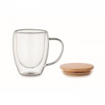 Taza de vidrio de borosilicato de doble pared con tapa de bambú 250ml color transparente tercera vista