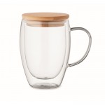 Taza de vidrio de doble pared con asa de vidrio y tapa de bambú 300ml color transparente