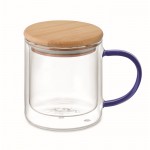 Taza de vidrio de doble pared con asa de color y tapa de bambú 300ml color azul transparente