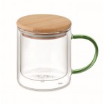 Taza de vidrio de doble pared con asa de color y tapa de bambú 300ml color verde transparente