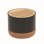 Altavoz circular inalámbrico con base de corcho y detalle en bambú color negro
